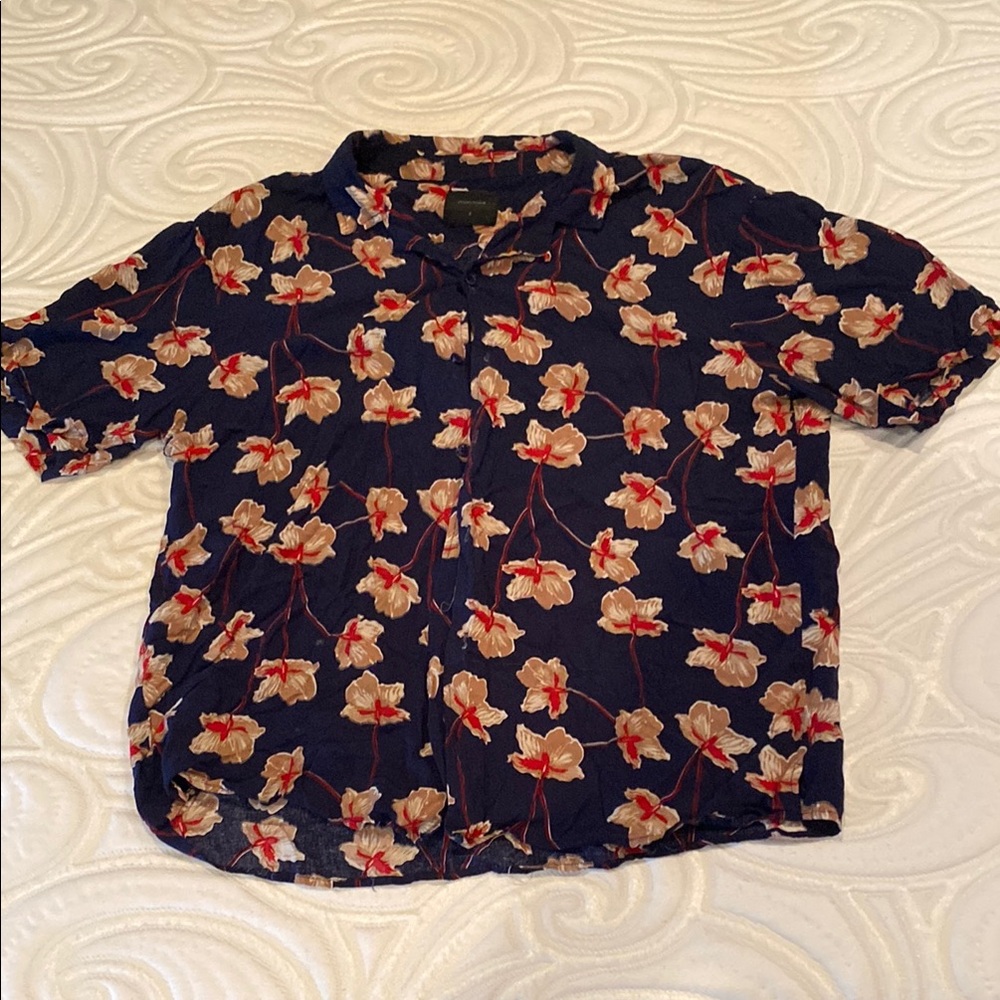 Blue and Red Casual Button Down Shirt with Vibrant Floral Design